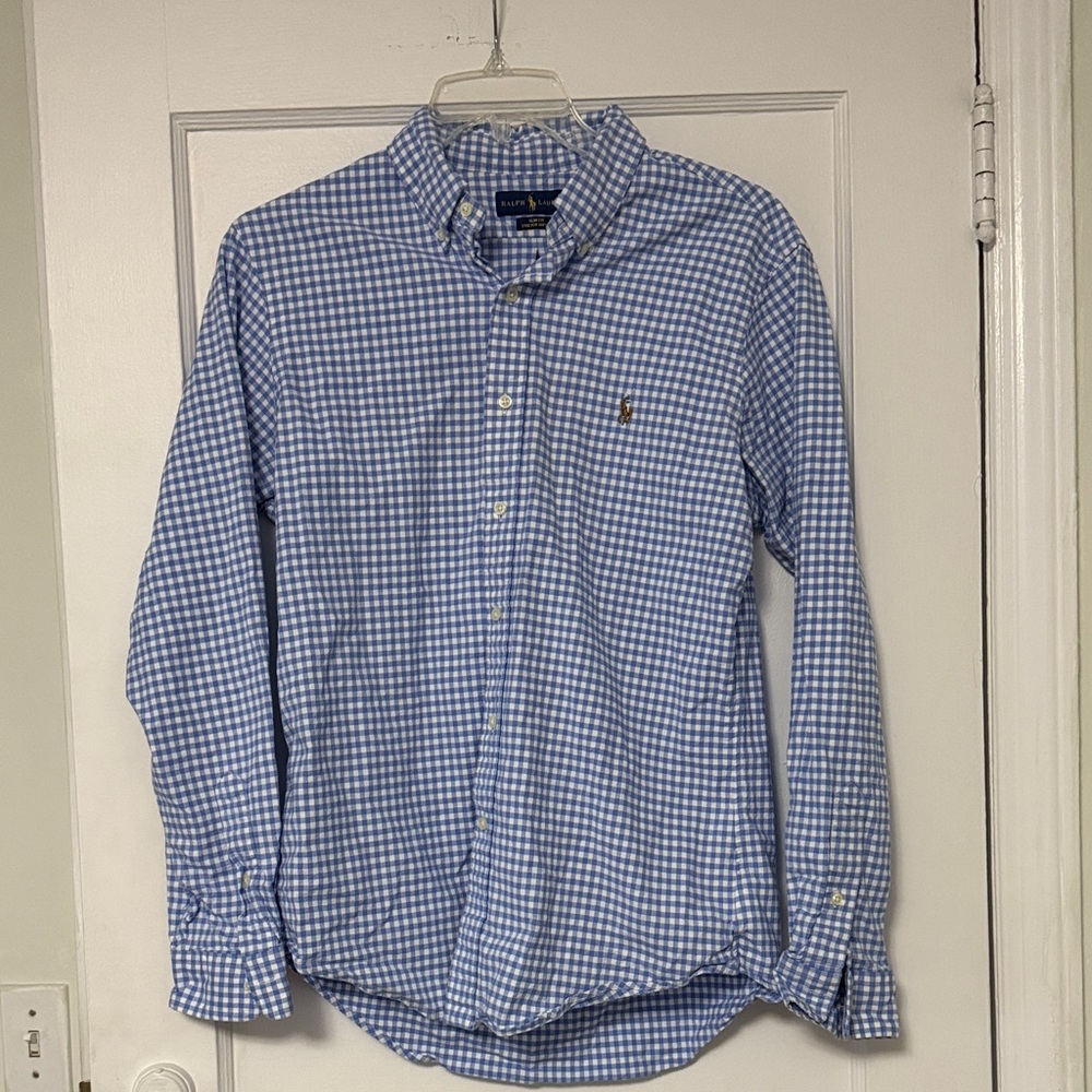 Ralph Lauren Men's Slim Fit Blue Gingham Button Down Shirt